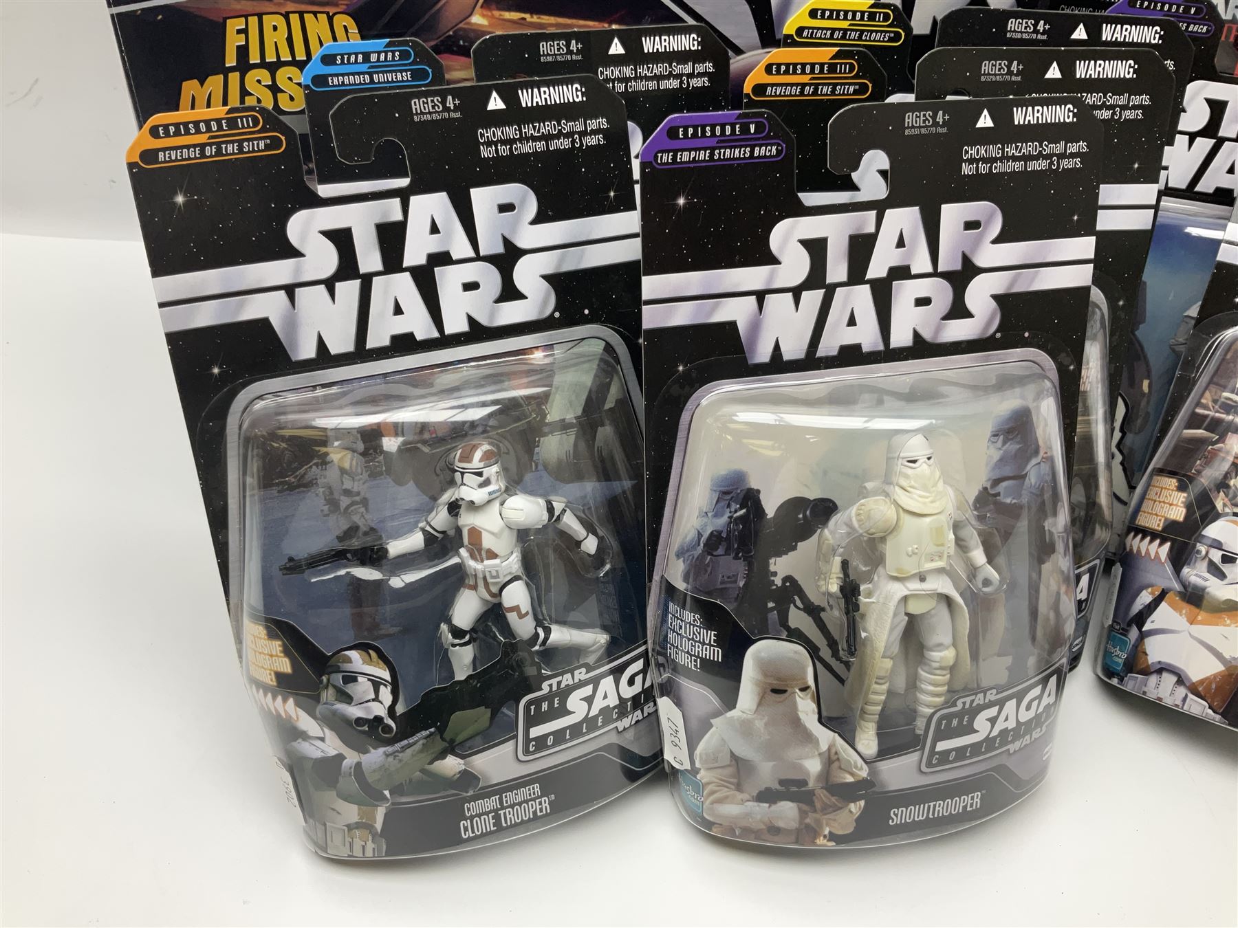 Star Wars - The Saga Collection - Mace Windu's Jedi Starfighter; boxed; and twelve carded figures comprising Biker Scout, General Grievous, At-At Driver, Clone Trooper Sergeant, various other Clone Troopers and Commander Cody, Snowtrooper and Scorch Republic Commander; all in unopened blister packs (13)