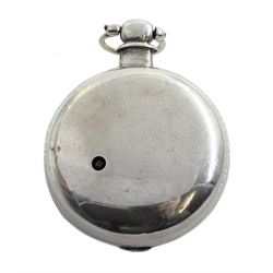 19th century silver pair cased verge fusee pocket watch by John Roberts, London, No. 9388, round pillars, pierced and engraved balance cock decorated with a mask, silver champleve dial depicting a nude female standing on a bridge amongst the stars, wandering hour dial with Arabic five minute markers and single hand, bull's eye glass, case by George Richards London 1832