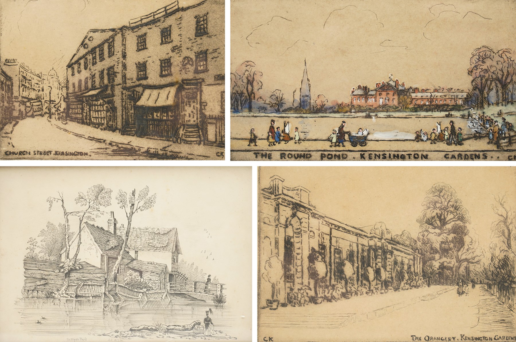 Manner of George Harley (British 1791-1871): 'In Hyde Park', pencil drawing signed S M and dated 12/7/30, 20cm x 28.5cm; English School (Early 20th century): The Orangery' 'The Round Pond' and 'Church Street' - Kensington, set of three etchings signed C K on the plate max 9.5cm x 14cm (4)