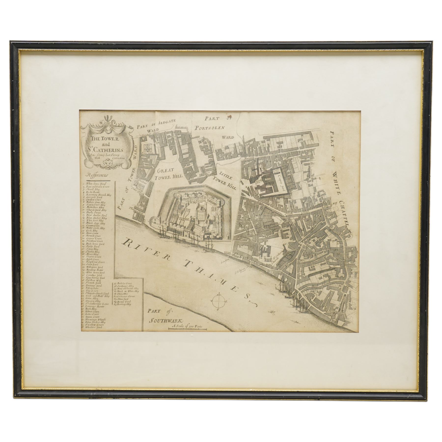 Richard Blome (British 1635-1705): 'The Tower and St Catherins (Catherine's)', 18th century engraved map or plan of the Tower of London pub. 'Stow's Survey of London' c.1754, 28cm x 35cm
