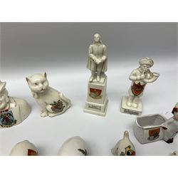 Collection of figural crested ware, to include Carlton Chins John Bull Alnwick, Clifton China Cheshire Cat,  Arcadia pig, Crafton crawling baby and another seated baby, quantity of cat, dog and pig figures, two Willow Art Model of Bunyans Statue, Toby jug, Victoria China, Arcadan bulldog, fish etc