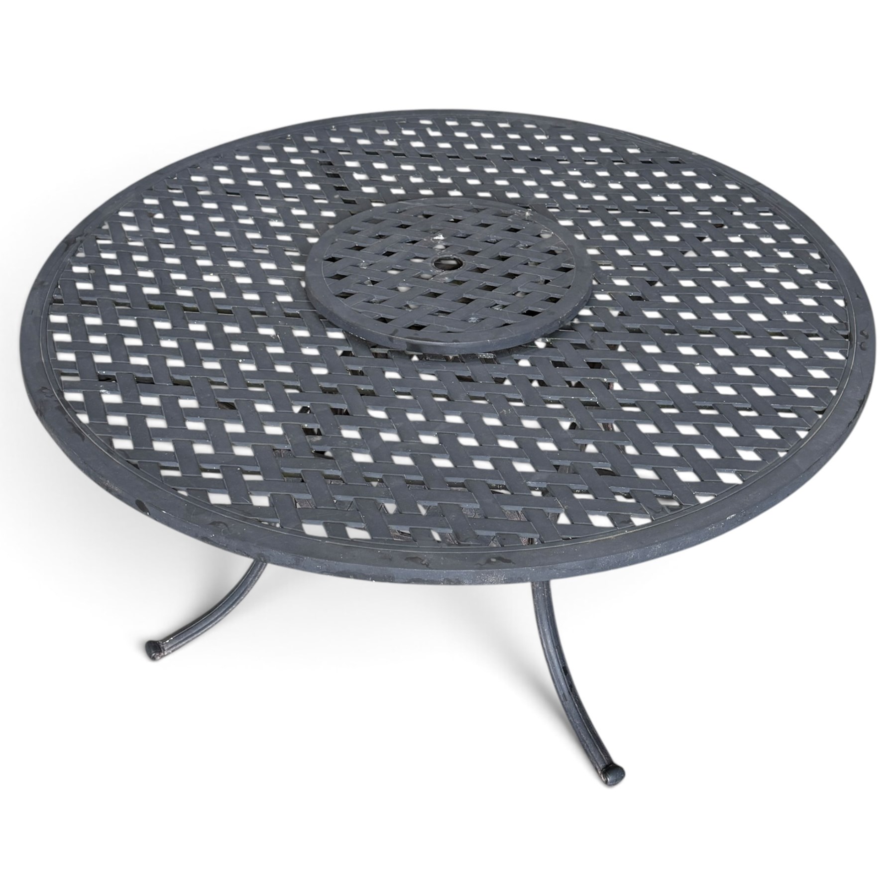 Grey-painted cast metal garden dining suite, comprising circular latticework table on splayed supports (W152cm H72cm), and six matching open armchairs with lattice backs and seats (W61cm H93cm)
