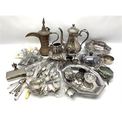 Collection of silver plate and other metalware, to include Christofle silver plated flatware, Silver plated coffee pot, covered dish with twin handles, other flatware etc  