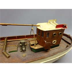  Wooden planked hull scale model of the Danish Fishing Boat Gina.2, E714 from Esbjerg, lift off wheelhouse with motor provision, on stand, L51cm, H41cm, W15cm  