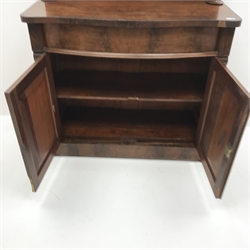 Victorian mahogany serpentine front chiffonier, raised shaped back, single frieze drawer above two cupboards, platform base, W112cm, H151cm, D52cm