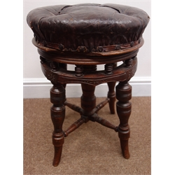  19th century mahogany tilting occasional table, turned column, three splayed supports (D78cm, H69cm), pair Victorian mahogany ballon back chairs, a walnut swivel piano stool, two upholstered and one rush seat stools, two side tables (9)  