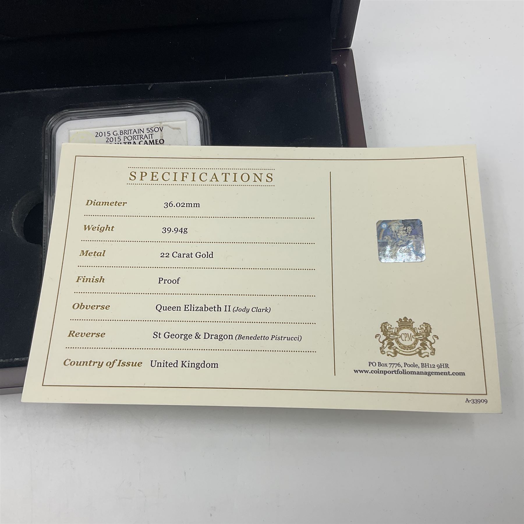 Queen Elizabeth II 2015 gold proof five sovereign coin, encapsulated and graded by NGC 'PF 70 Ultra Cameo one of first 250 struck'