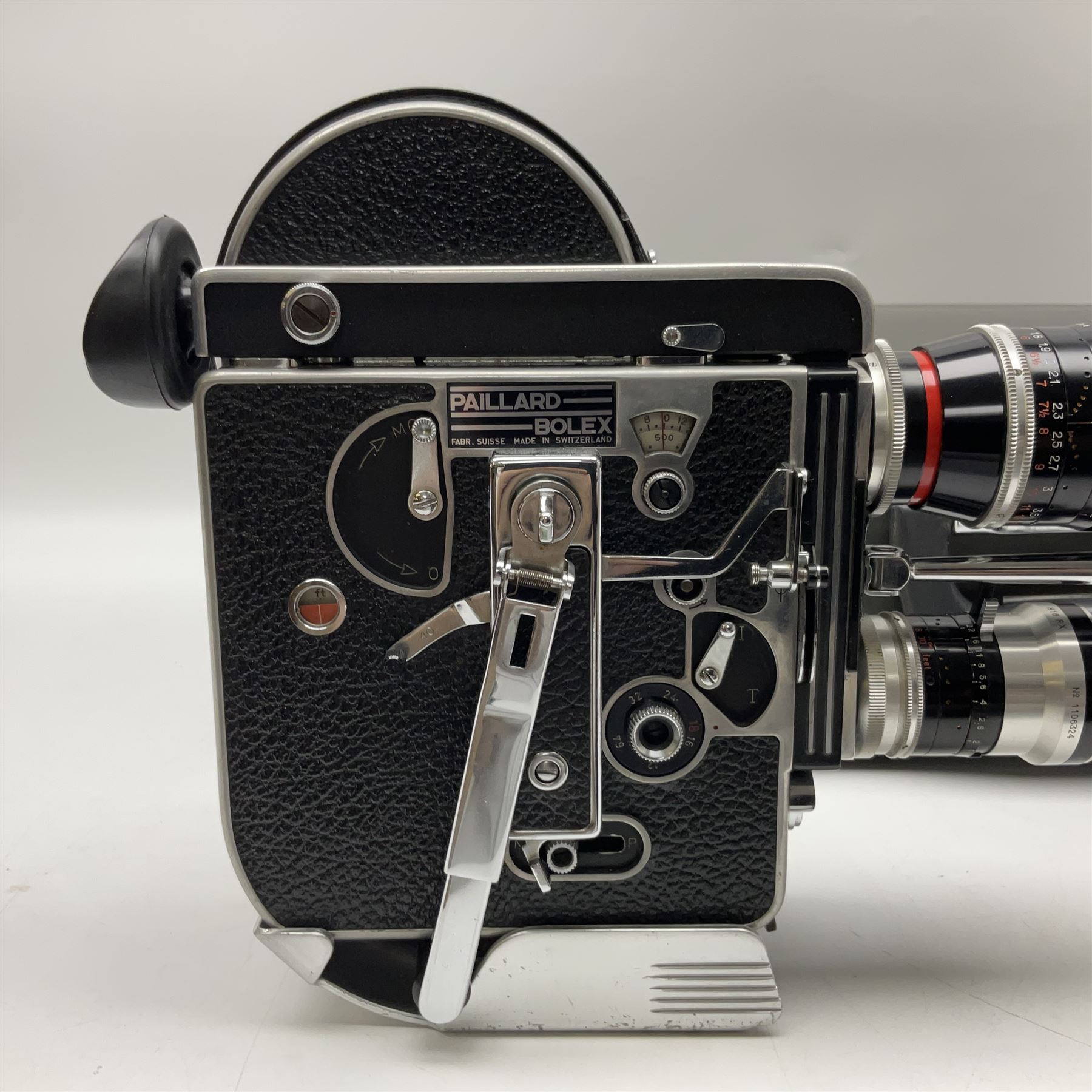Bolex H16 Reflex camera body, serial no. 136928, with 'Macro-Switar 1:1.9 f=75mm' lens, serial no. 1131474, Switar H16 RX 1:1.6 f=10mm' lens, serial no. 1106324, with hard carry case