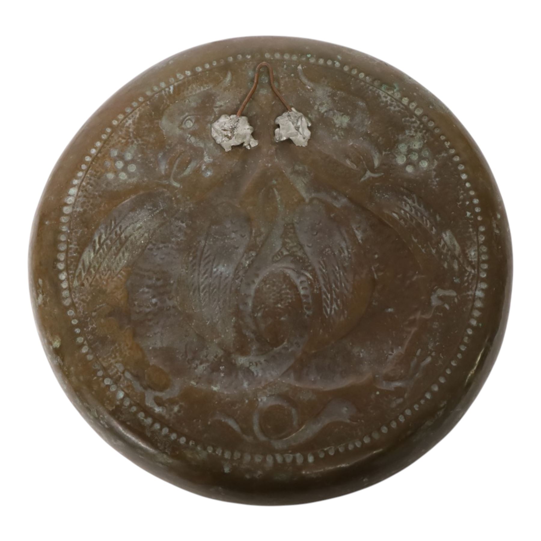 W H Mawson for Keswick School of Industrial Arts copper dish, embossed with two dragons and a serpent, signed W H Mawson Keswick, D24cm