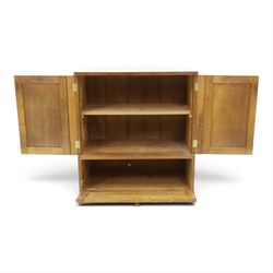 Lizardman - adzed oak media cabinet, adzed rectangular top above twin doors enclosing a shelved interior, above a fall front drawer, Yorkshire Rose carved handles, raised on castors, with carved lizard signature, by Derek Slater of Crayke  