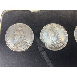 Five Queen Victoria silver double florin coins, dated 1887 Roman 1, 1887 Arabic 1, 1888, 1889 and 1890, housed in a 'Double Florin Specimen Type Set' case