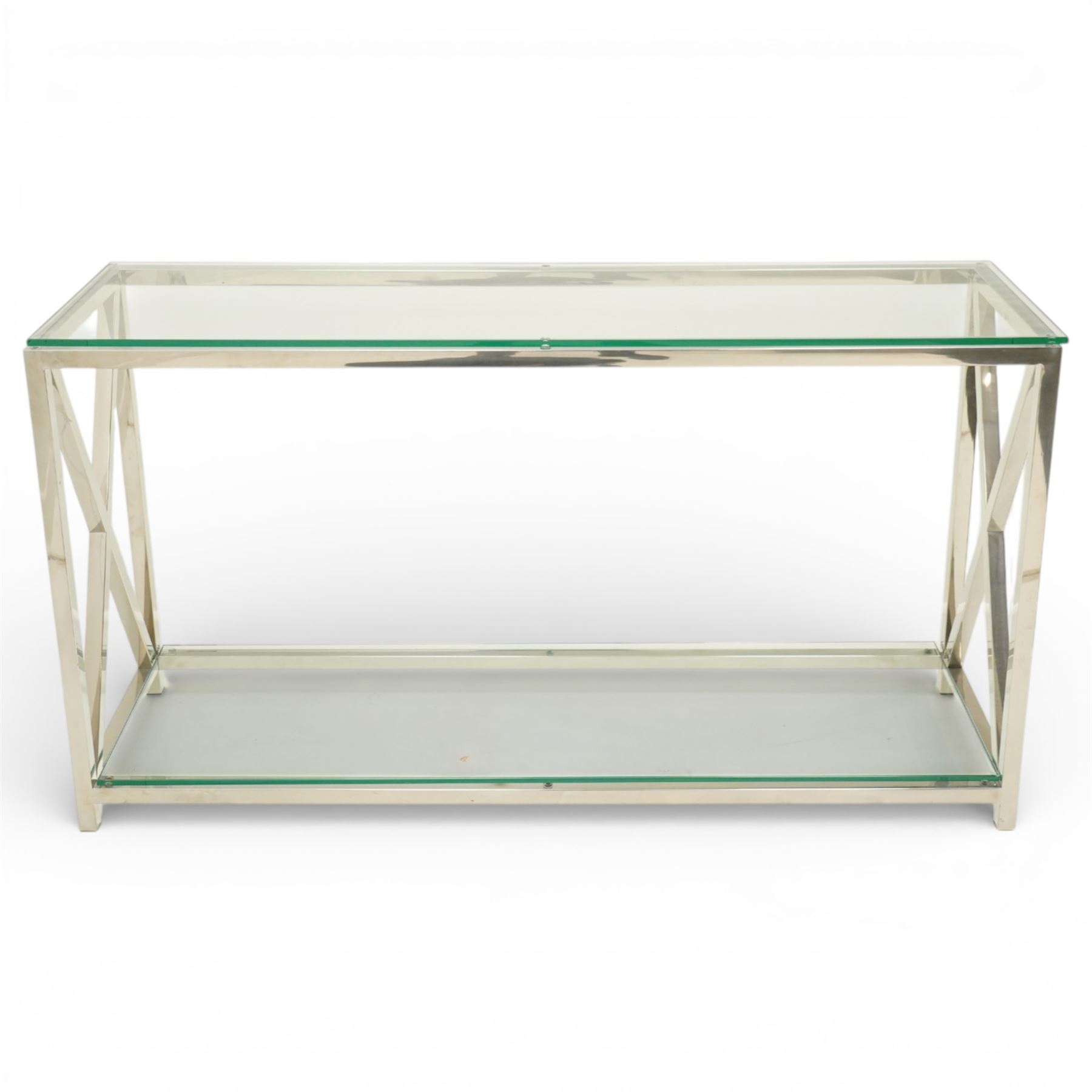 Modern chrome console table, rectangular plate glass top on polished chrome frame, the sides formed with X-frame stretchers, raised on square supports with lower glass tier 