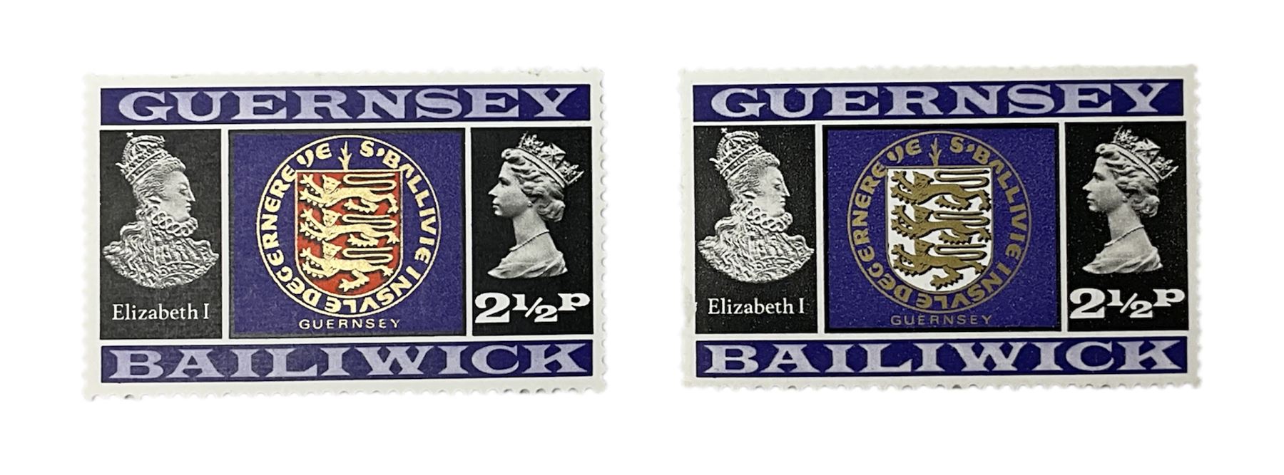 Error stamp, Queen Elizabeth II Bailiwick of Guernsey 2 1/2p stamp with colour omission on the shield, with the standard issue for comparison 