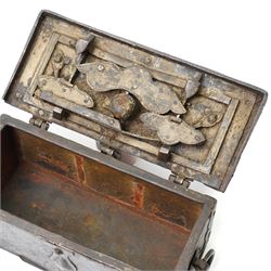 Miniature 17th Century Nuremberg iron table top strongbox, of rectangular form, the hinged lid carrying internal lock mechanism, operated by a key with hinged quatrefoil cover externally, twin carrying handles on each side, with key, W20cm H9cm D9cm