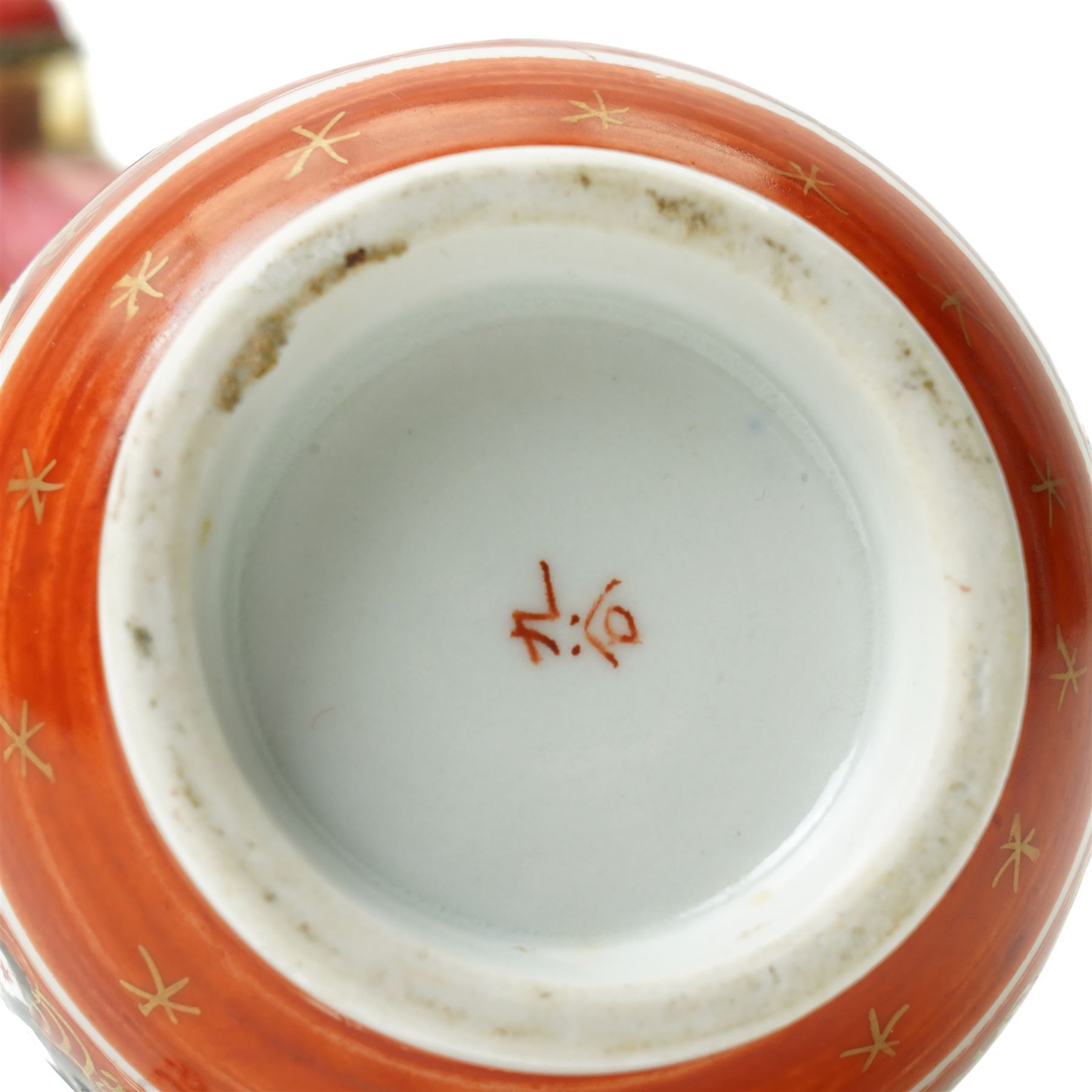 Chinese rock crystal figure of a deity with peaches, H12cm, a Japanese Shunga erotically carved seal, H7cm, an erotically painted Chinese scent bottle, H8cm, Japanese satsuma vase, H16cm and a Chinese famille vert teacup, H6.5cm(5)