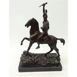  Patinated bronze study of a Native American Indian on horseback after Frederic Remington on rectangular marble stand, incised Frederic Remington, H35cm   