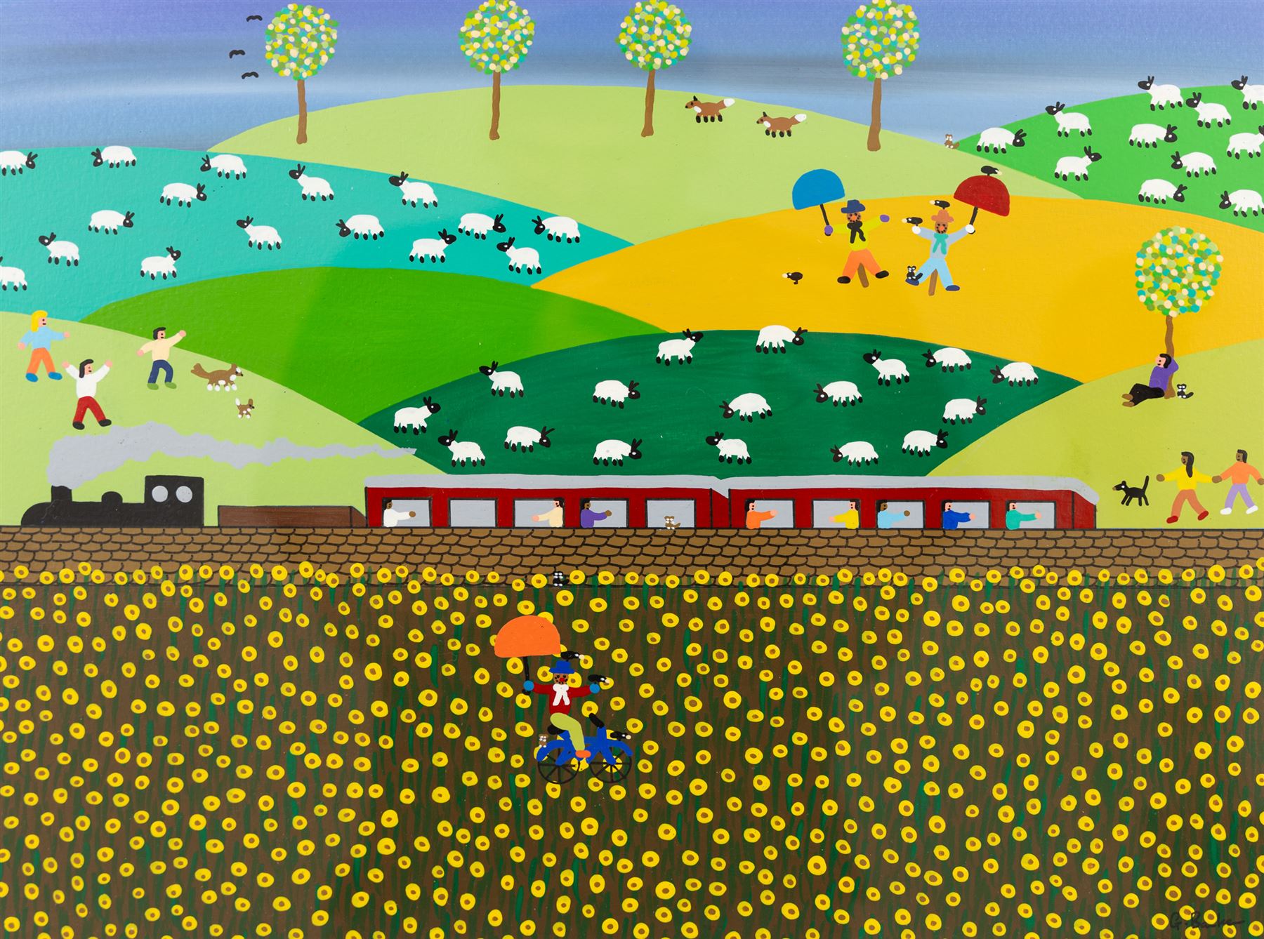 Gordon Barker (British 1960-): 'Train Journey', acrylic and pen signed, titled verso 29cm x 39cm