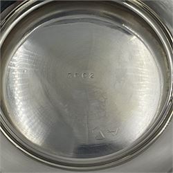 1920s five-piece silver tea service, comprising teapot, coffee pot, hot water pot, twin handled open sucrier and milk jug, each of squat circular form with shaped rim, the teapot, coffee pot and hot water pot each with ebonised handle and finial, the sucrier and milk jug with acanthus capped scroll handles, all upon circular foot, hallmarked R F Mosley & Co, Sheffield 1926 & 1927, tallest H24cm