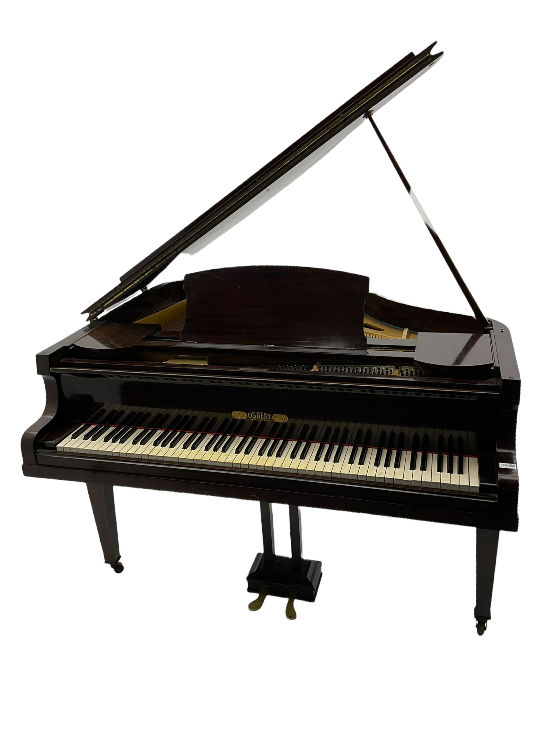 A mid 20th century English baby grand piano by Osbert, with an iron frame and overstrung stringing in a mahogany case,  conforming Lyre with sustain and una corda pedals and music desk, with original stringing, hammer action, dampers and felts, 7-1/4 octaves with 88 original ebony and ivory covered keys, with stool