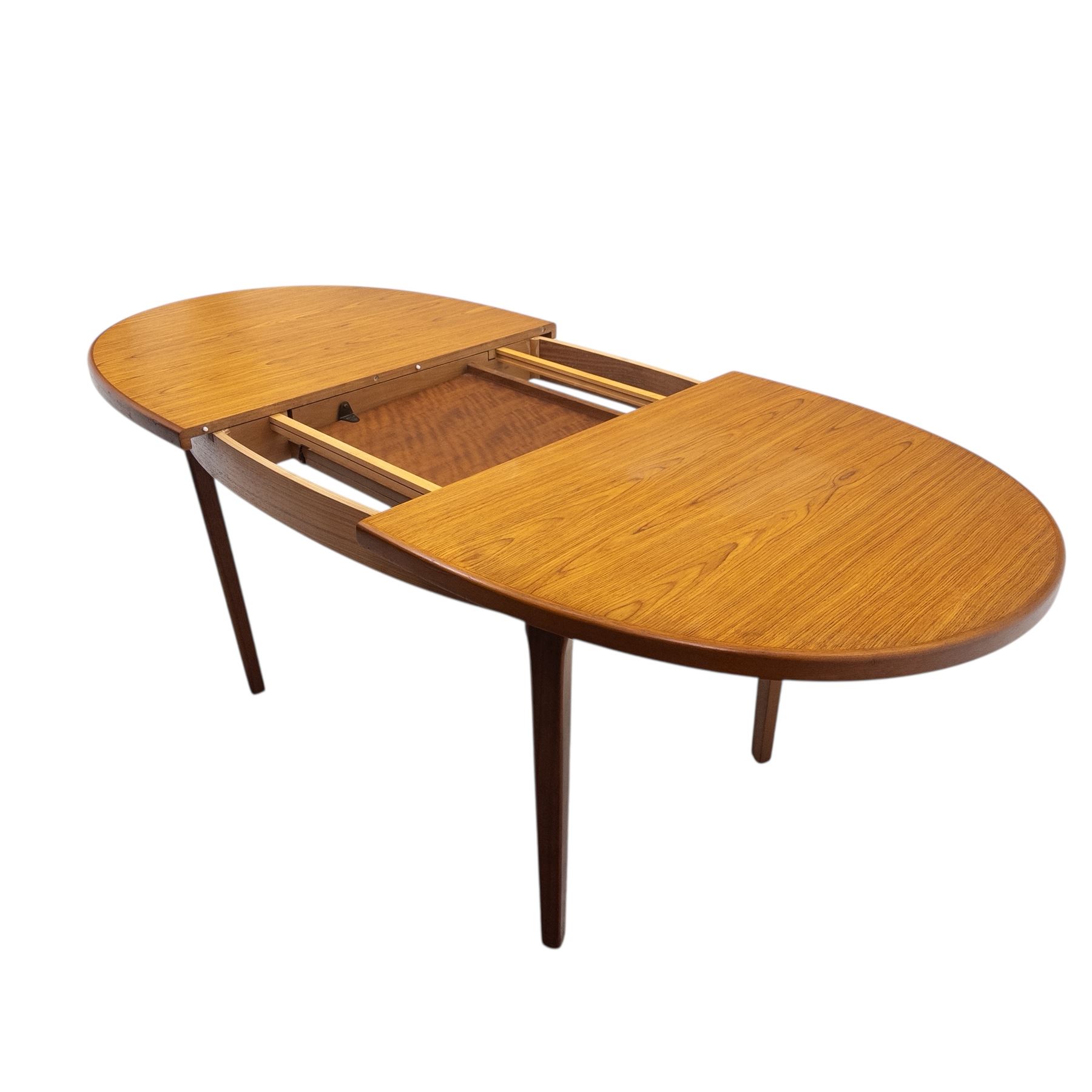 Mid-20th century teak oval extending dining table with set of six teak ladder back chairs with upholstered seats, table W150xD91xH74cm, 199cm extended, chairs W41xD43xH94cm
