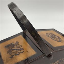 19th century rosewood Tunbridge Ware basket, of rectangular form with curved bentwood handle, and twin hinged sloping covers, lifting to reveal paper lined interiors, not including handle H5.5cm D10.5cm L18cm