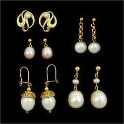 Pair of gold cultured white pearl stud earrings, with swirl decoration by Ola Gorie, three other pairs of gold pearl pendant stud earrings, all 9ct and a pair of silver-gilt pearl earrings with filigree decoration, with 9ct gold shepherds hook