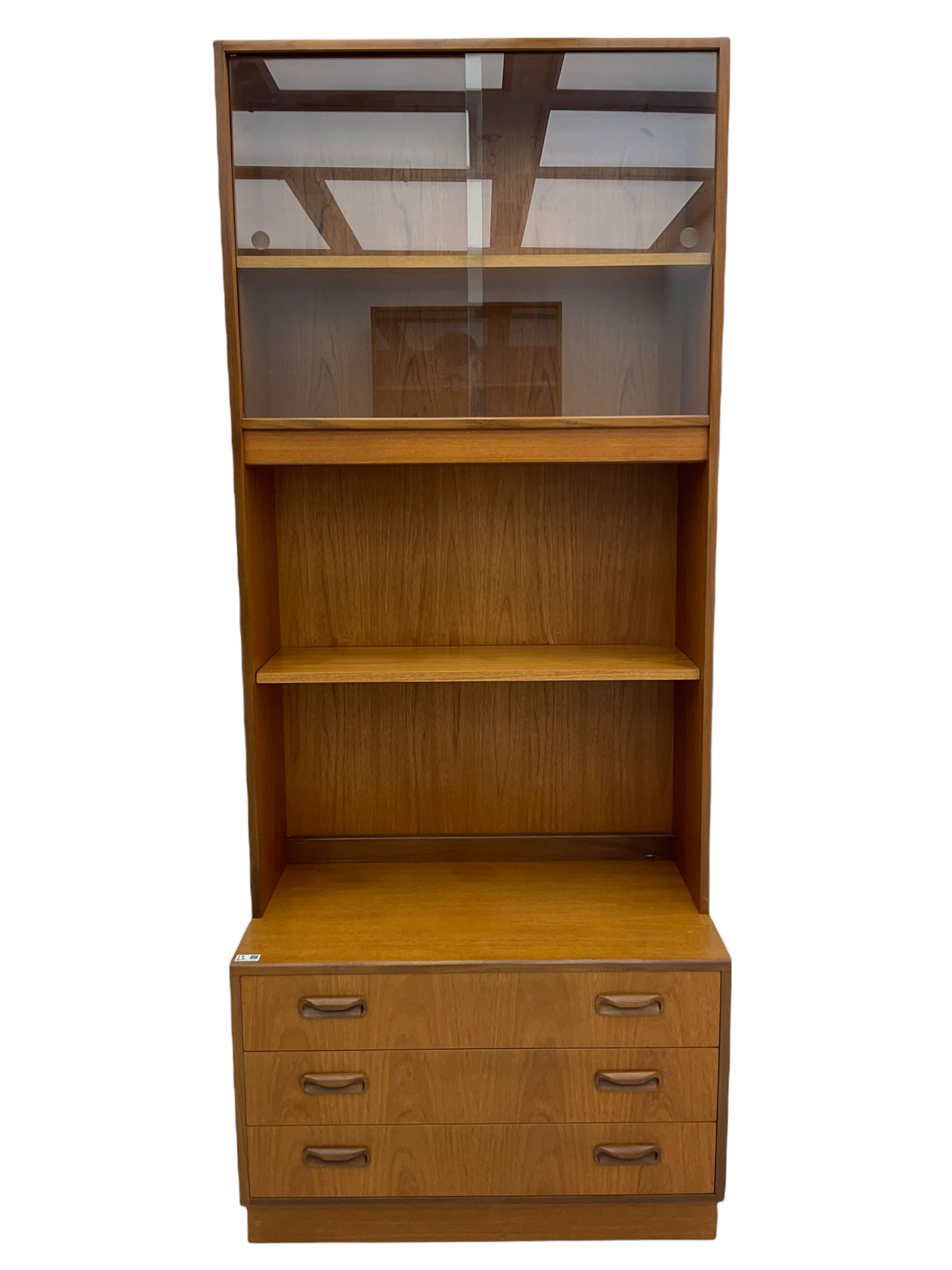 G-Plan teak two sectional modular wall display cabinet, fitted with sliding glass doors, double cupboard and three drawers