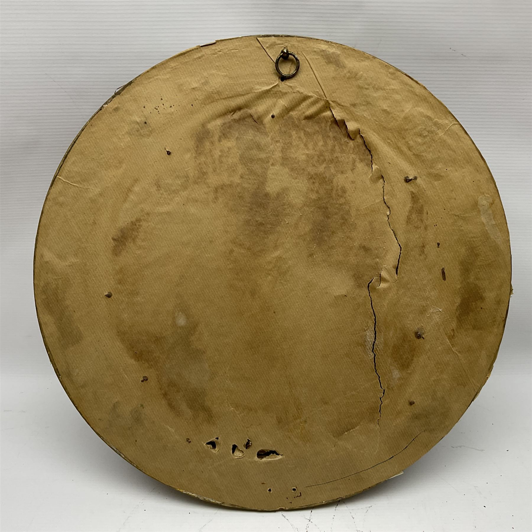 Set of four early 20th century Continental bisque plaques, each of circular form, modelled in high relief as the Four Seasons personified, within gilded circular frames under convex glass, overall D44.5cm