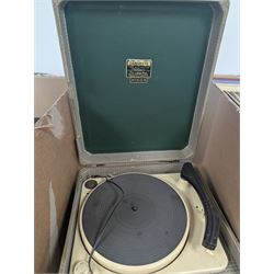 Large collection of vinyl LPs, together with a small collection of 7 inch vinyl records and CDs, with a Dansette record player and a small Hi-Fi cabinet