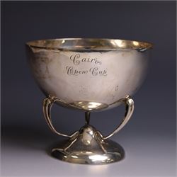 Art Nouveau silver trophy cup, engraved circular bowl upon three naturalistic curved suppo...