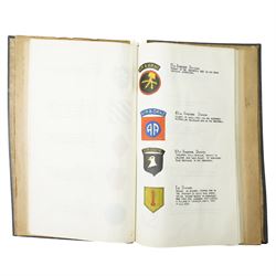 Folder containing a comprehensive collection of watercolours of WWII military emblems including U.S.Army Insignia, British Chevrons, Division Insignia, U.S. Army Divisions, Medals, Weapons etc with typed information, approximately sixty five pages with many illustrations  probably late 1940s/ early 1950s 