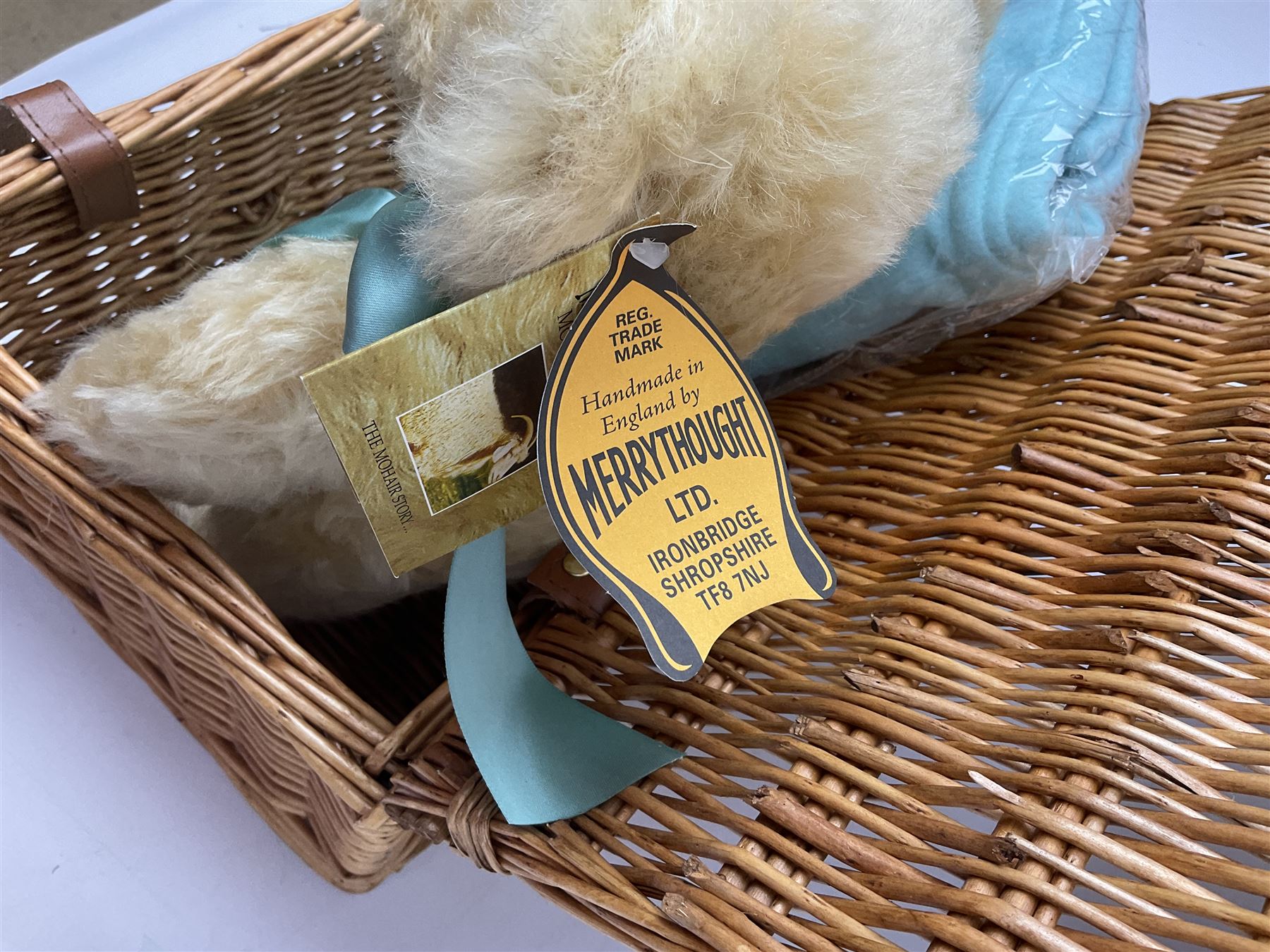 Merrythought for Fortnum & Mason teddy bear with blanket housed in wicker basket, bear H33cm