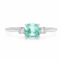 18ct white gold Paraiba tourmaline and diamond three stone ring, single round cut tourmali...