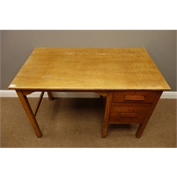  20th century oak single pedestal desk with two drawers, 122cm x 69cm, H77cm  