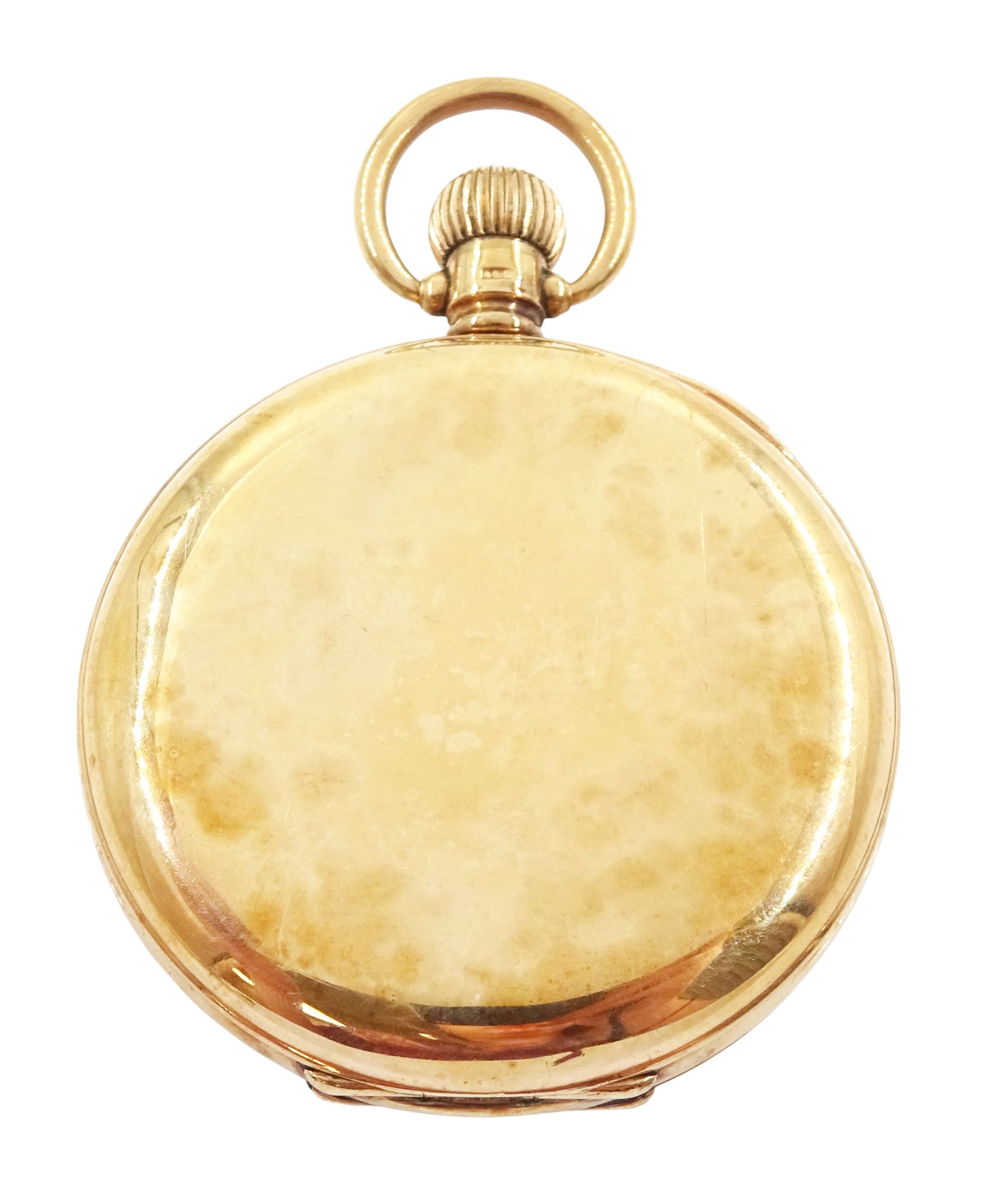 Early 20th century 9ct gold open face, keyless lever presentation pocket watch by American Watch Company, Waltham, No. 17507298, white enamel dial with Arabic hour markers and subsidiary seconds dial, case by Dennison, Birmingham