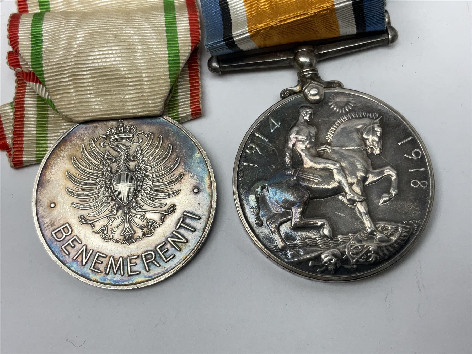 WW2 pair of medals comprising British War Medal and Victory Medal awarded to G.S. Brock B.R.C. St. J.J.; together with French 1914-18 Commemorative War Medal with MID oak leaves, Italian Red Cross Medal, Red Cross Society Medallion inscribed 5183 George S. Brock and Primrose League Medal