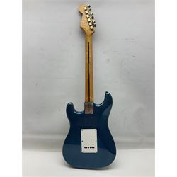 Fender Stratocaster style electric guitar in metallic blue with Rio Grande pick-ups and Fender back-plate L98cm; in Fender soft carrying case