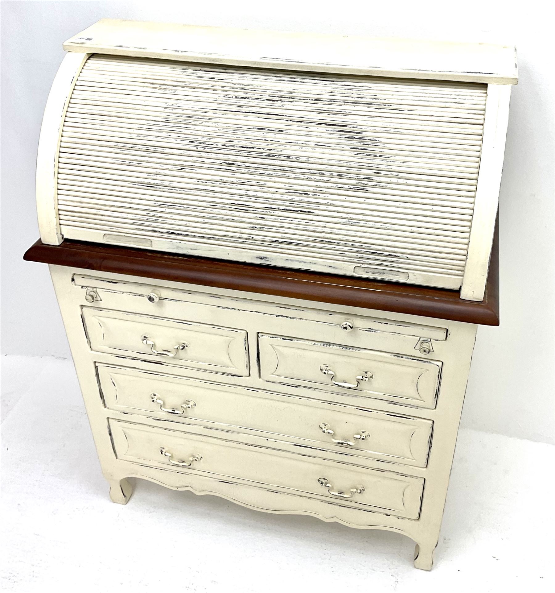 Laura Ashley Bramley range French style cream painted tambour roll top bureau desk, fitted interior, single slide above two short and two long drawers 