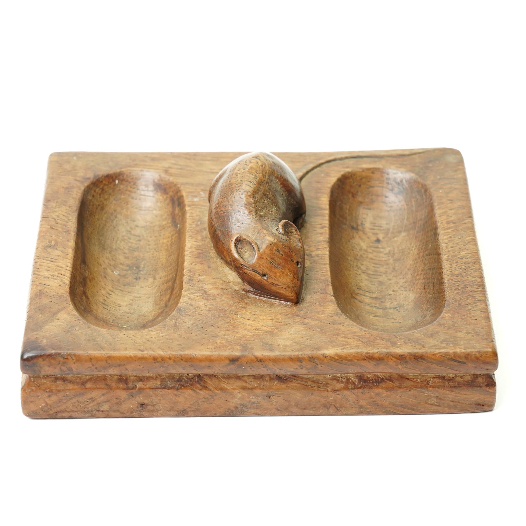 Mouseman - oak rectangular double pin tray, with carved mouse to centre, with carved mouse signature, by the workshop of Robert Thompson of Kilburn