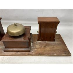 Railway signal boxes, mounted on plinth, with railway block indicators for Up Line and Down Line, having an electromagnetic indicator showing 'Train on Line' 'Line Clear' and 'Line Blocked', and brass signal bell to the centre, L100cm