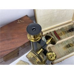 R & J Beck London microscope, model 7597, contained in fitted case, together with a boxed collection of glass microscope biological sample slides