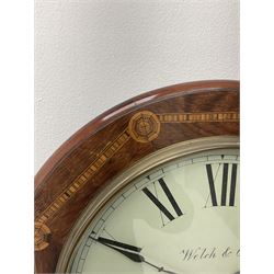 19th century inlaid rosewood drop dial wall clock, circular Roman dial signed 'Welch & Co. Forestville, USA', with pierced and shaped brackets
