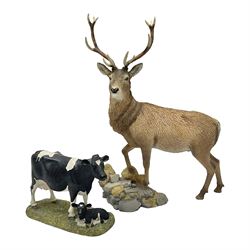 Country Artists Red Deer Stag and a Border Fine Arts Friesian Cow and Calf figure, Stag H30cm