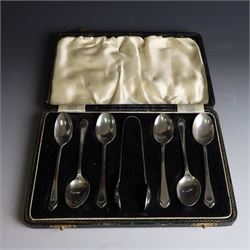 Set of six 1930s silver teaspoons and sugar tongs, hallmarked Arthur Price & Co Ltd, Birmingham 1936, in fitted case 