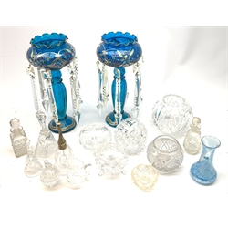  A pair of hand painted blue glass lustres, together with a small Caithness vase, and a small quantity of assorted cut glass.   