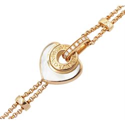 Bulgari Cuore 18ct rose gold mother of pearl heart and diamond bracelet, hallmarked, boxed