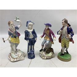 Seven Spode Chelsea figures, comprising no.1, no.2, no.3, no.4, no.6 and two further smaller examples, together with a Dresden figure of a gentleman, no. K10003, and a Delft style figure of a boy, some with boxes, tallest H23cm (9)