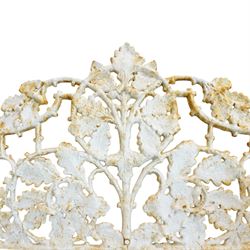 Coalbrookdale design - early 20th century cast iron oak leaf and acorn bench, white painted cast iron frame with slatted wooden seat, the pierced and shaped back decorated with scrolling oak branches and leafage, flanked by dog mask arm terminals over cabriole supports with paw feet 