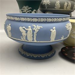 Wedgwood Jasperware footed bowl, decorated with classical female figures on a grey ground, together with a similar blue pedestal bowl and black basalt bowl, a teal vase, pale yellow planter decorated with prunus blossom, and a pair of small black trinket dishes, decorated with red crocodiles to centre and floral border, each with impressed mark beneath 