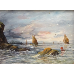  Fishing Boats off the Coast, oil on board monogrammed 14cm x 19cm  